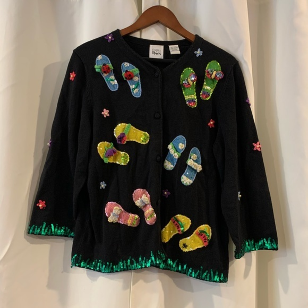 Tricot Sandal Cardigan Embroidered Sequined Size Large